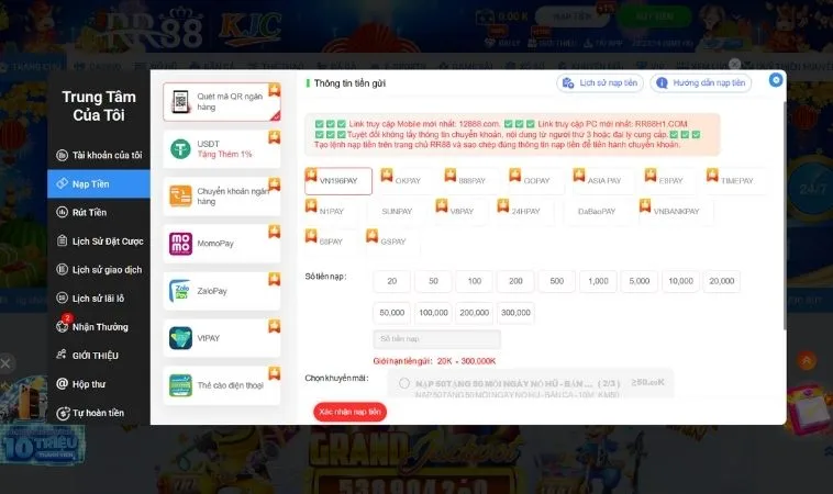 Giao diện nạp tiền RR88